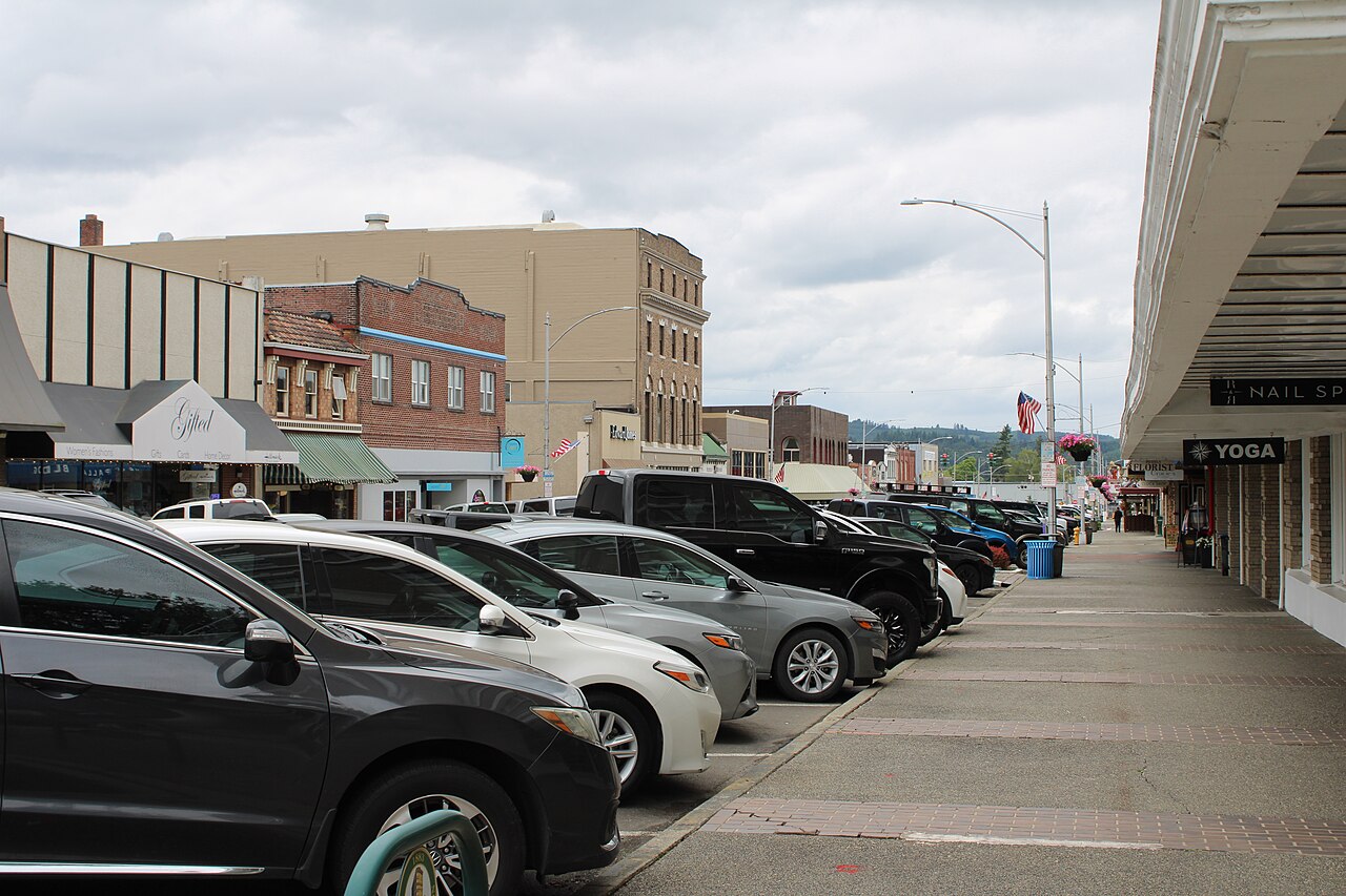 Historic storefronts along Market Street in Chehalis, Washington